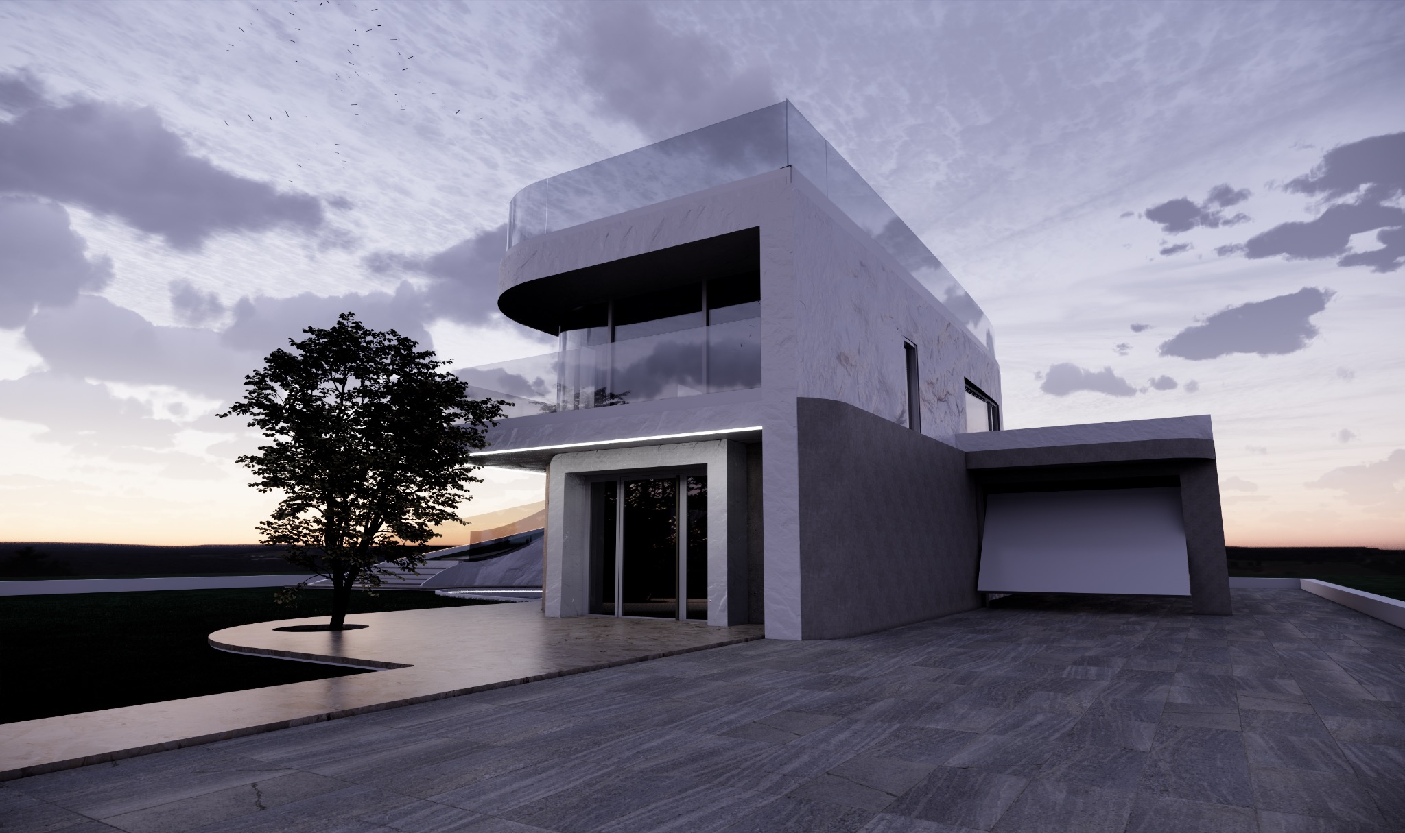 Nowoczesny dom z marmurową elewacją, szklaną balustradą balkonu i płaskim dachem, z widocznym garażem i drzewem na pierwszym planie o zmierzchu.