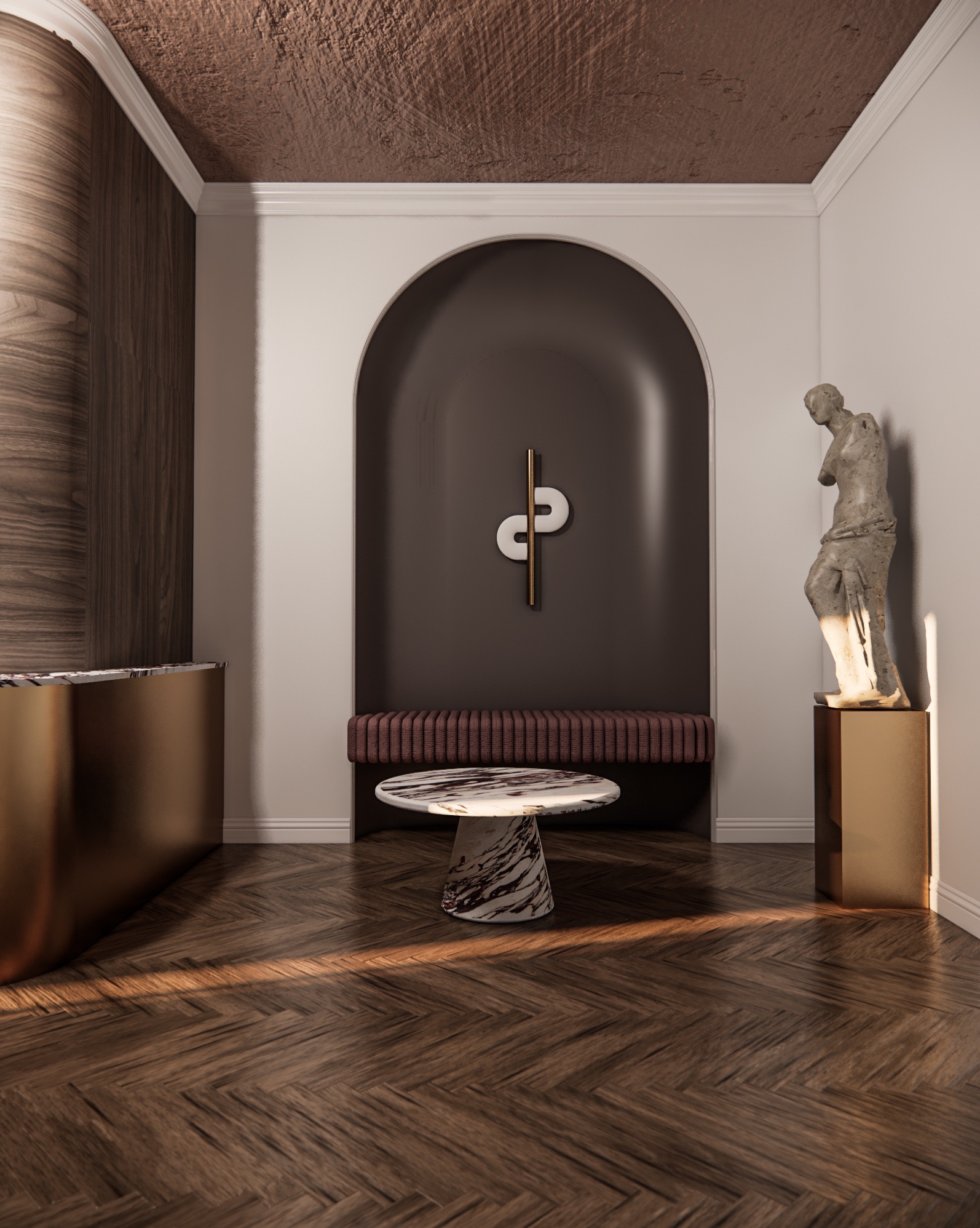 Eleganckie wnętrze z parkietem w jodełkę, marmurowym stolikiem kawowym, złotą konsolą i rzeźbą na złotym postumencie, oświetlone ciepłym światłem