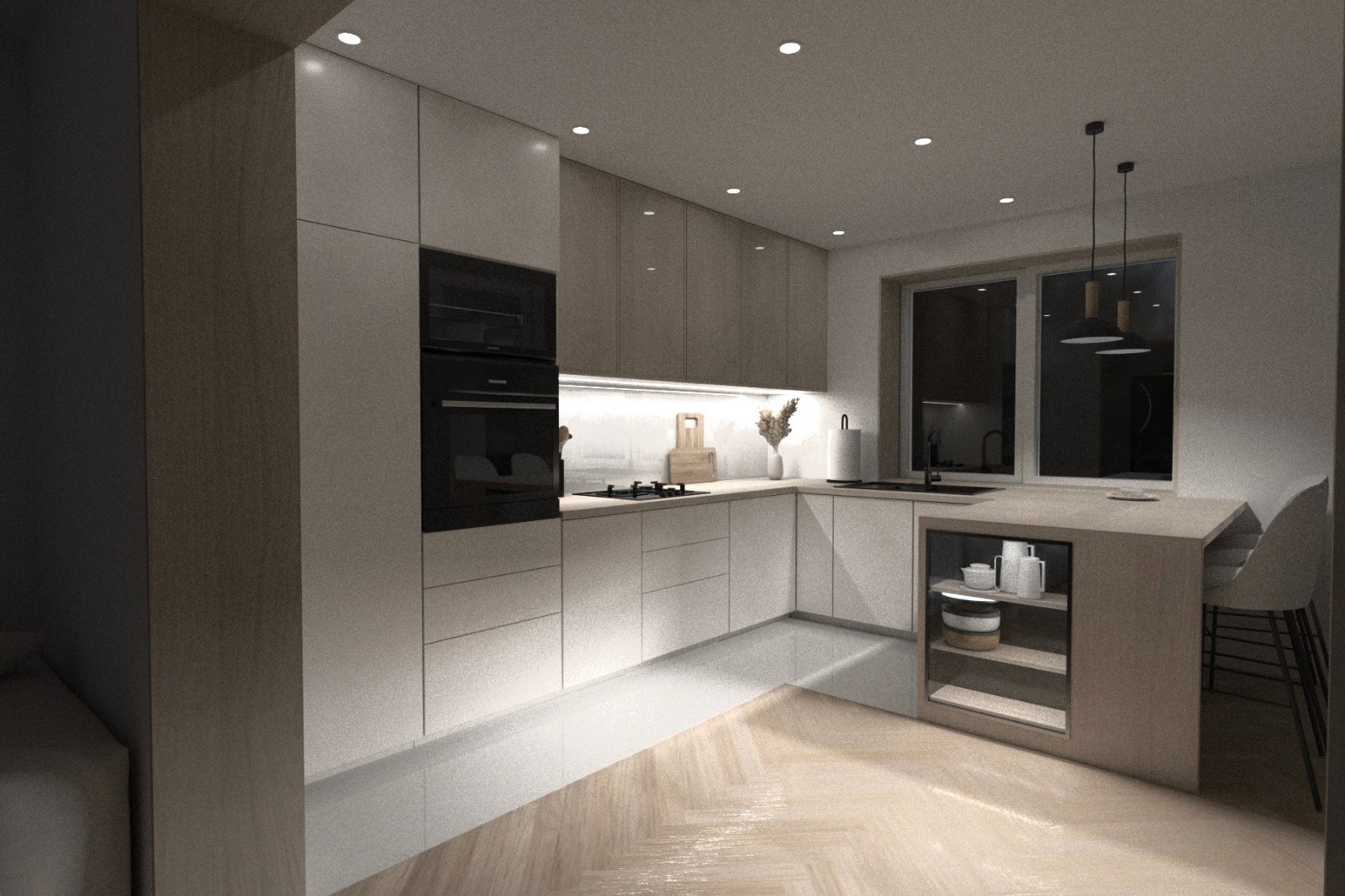 Jasna, minimalistyczna kuchnia z drewnianą podłogą w jodełkę, oświetleniem punktowym i wyspą z otwartymi półkami na naczynia.