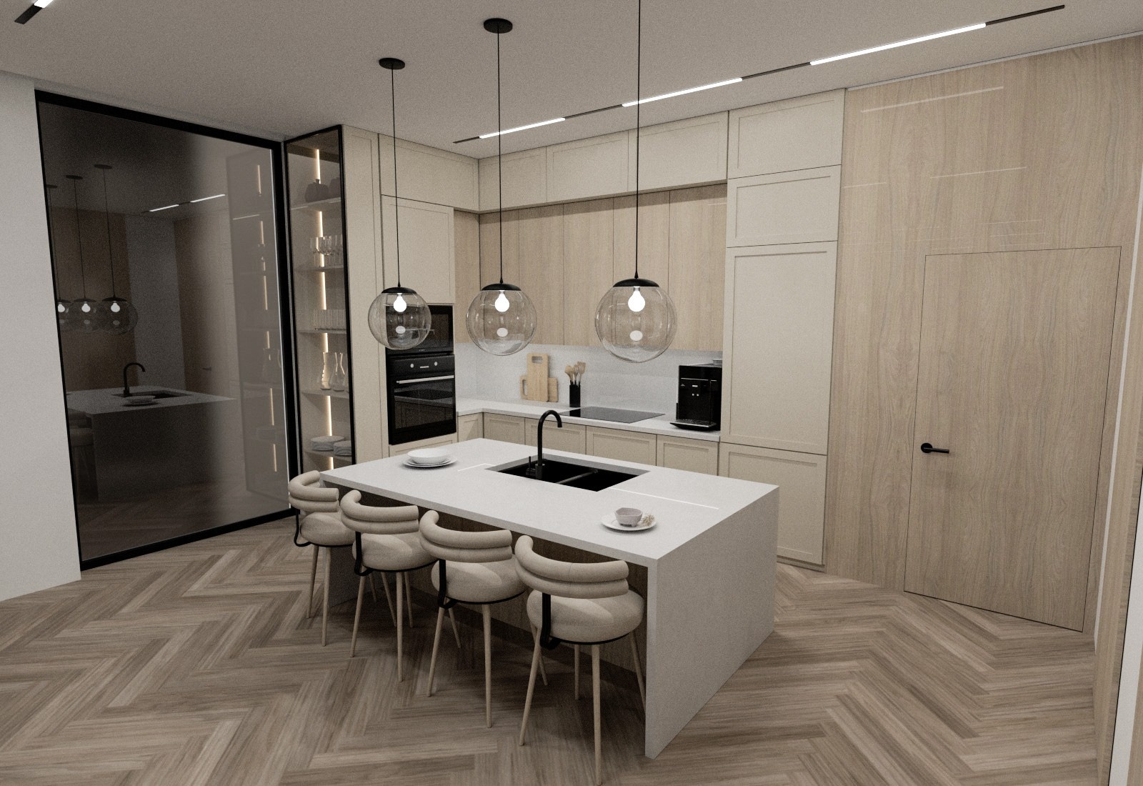 Wizualizacja nowoczesnej kuchni z wyspą, oświetlonej trzema wiszącymi lampami kulistymi, z podłogą ułożoną w jodełkę i zabudową w odcieniach beżu i drewna.