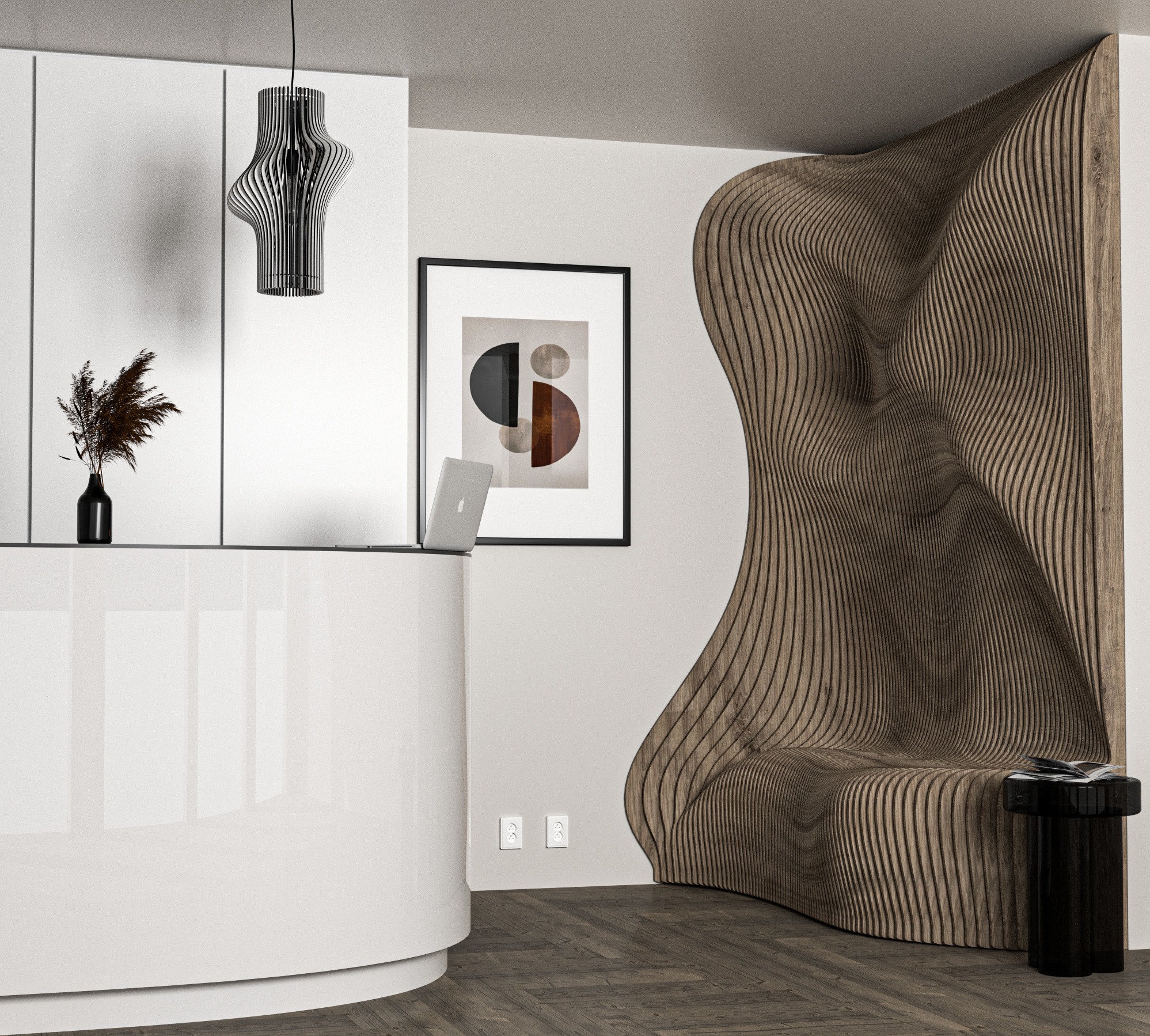 Nowoczesne wnętrze z recepcją o obłych kształtach, drewnianą dekoracją ścienną przypominającą rzeźbę i designerską lampą wiszącą.