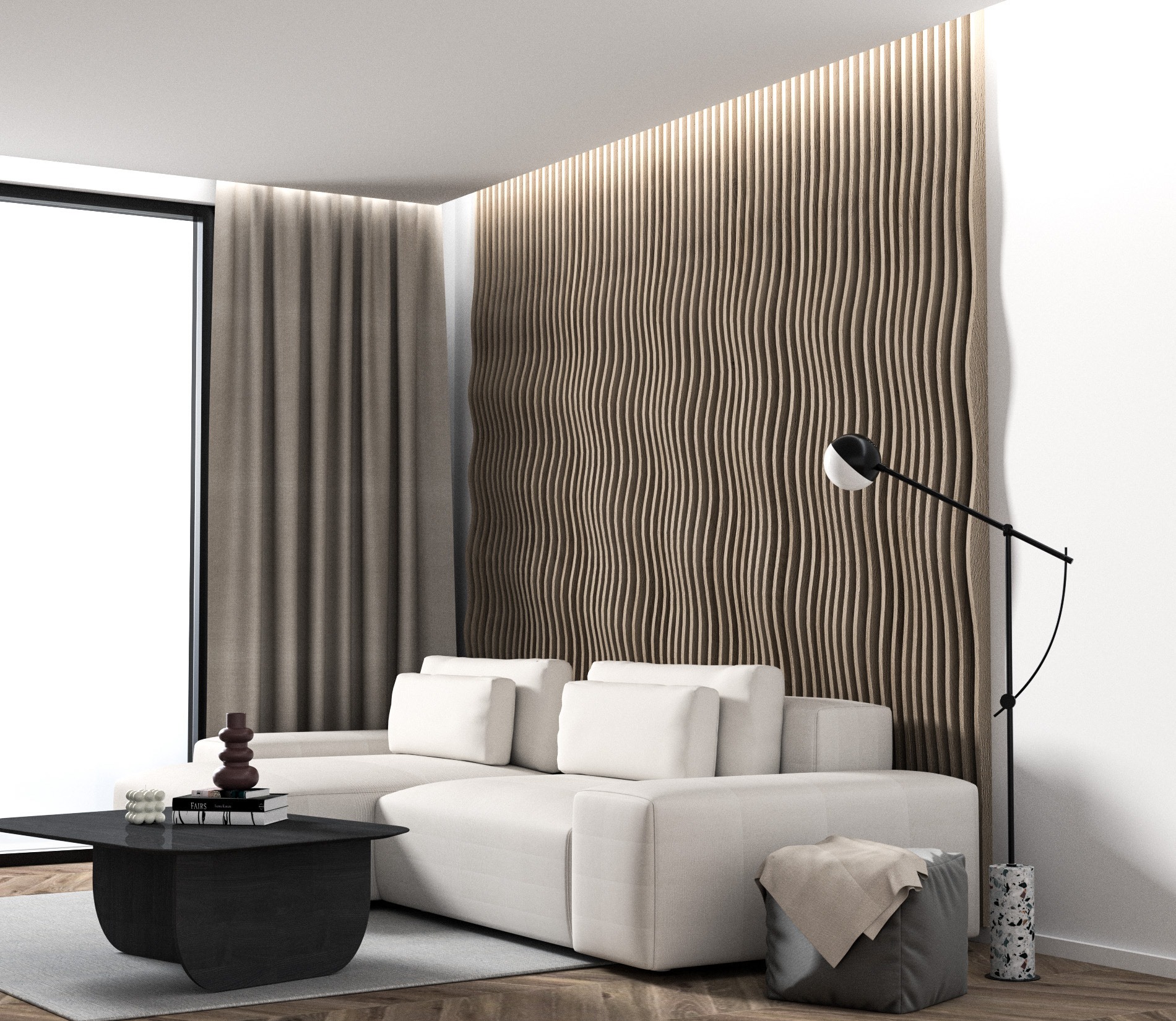 Nowoczesny salon z białym narożnikiem, dekoracyjną ścianą z drewnianych paneli, czarnym stolikiem kawowym i lampą podłogową