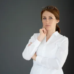 Portret kobiety w białej koszuli z rękami założonymi i okularami na głowie, zamyślona mina na tle szarego studia.