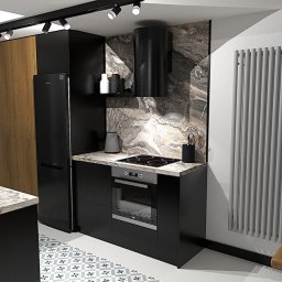 MZ InteriorDesign - Wizualizacja czarnej kuchni z marmurowym blatem i okładziną, oświetleniem punktowym i grzejnikiem żeberkowym.