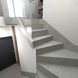 MZ InteriorDesign - Wizualizacja schodów w nowoczesnym wnętrzu z czarnymi drzwiami po lewej stronie i minimalistycznym oświetleniem LED wzdłuż poręczy.