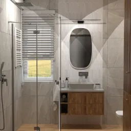 Nowoczesna łazienka z kabiną prysznicową typu walk-in, drewnianą szafką pod umywalką i owalnym lustrem na tle szarych płytek o geometrycznym wzorze.