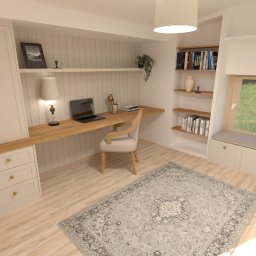 MZ InteriorDesign - Jasne biuro w domu z drewnianym blatem, szafkami i dywanem w stylu vintage. Okno z siedziskiem i widokiem na zieleń. Minimalistyczny design z roślinami.