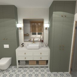 MZ InteriorDesign - Wizualizacja łazienki z umywalką nablatową, toaletą i kabiną prysznicową. Szafki w odcieniach zieleni, wzorzysta podłoga. Lustro odbija okno z żaluzjami.