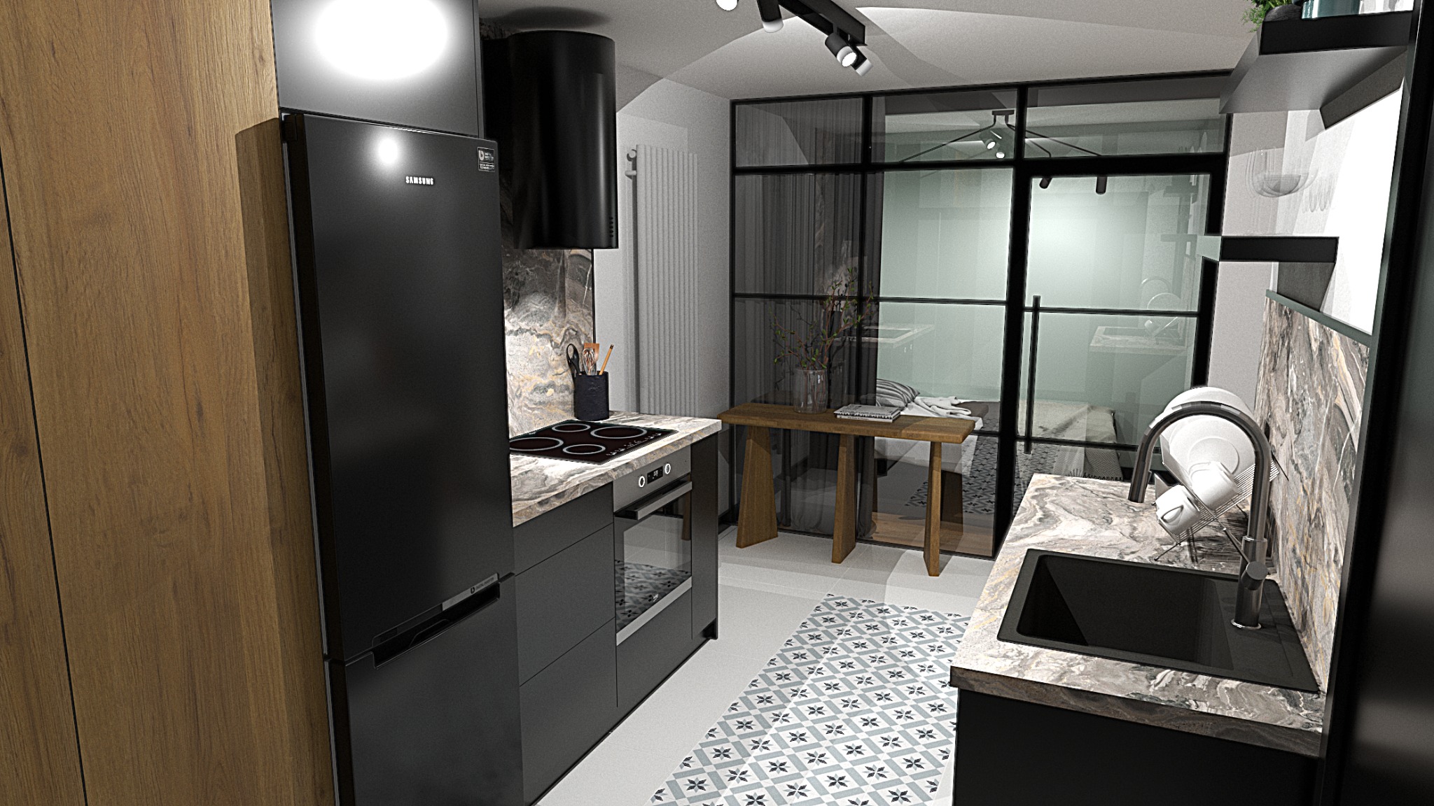 Wizualizacja nowoczesnej kuchni z czarnymi meblami, marmurowym blatem i szklaną ścianą oddzielającą ją od sypialni. Na blacie kuchennym stoją przybory kuchenne, a pod oknem znajduje się drewniany...