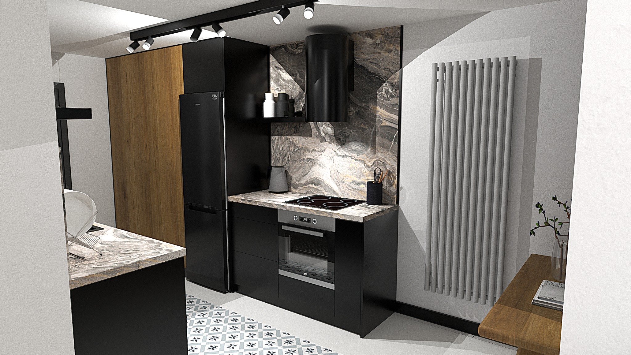 Wizualizacja czarnej kuchni z marmurowym blatem i okładziną, oświetleniem punktowym i grzejnikiem żeberkowym.
