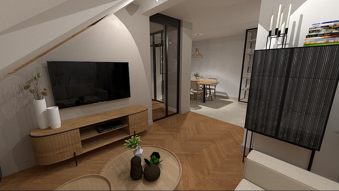 Wizualizacja salonu na poddaszu z telewizorem, drewnianą szafką RTV, okrągłym stolikiem kawowym z dekoracjami, czarnym regałem z książkami i świecami oraz widokiem na jadalnię przez przeszklone drzwi.