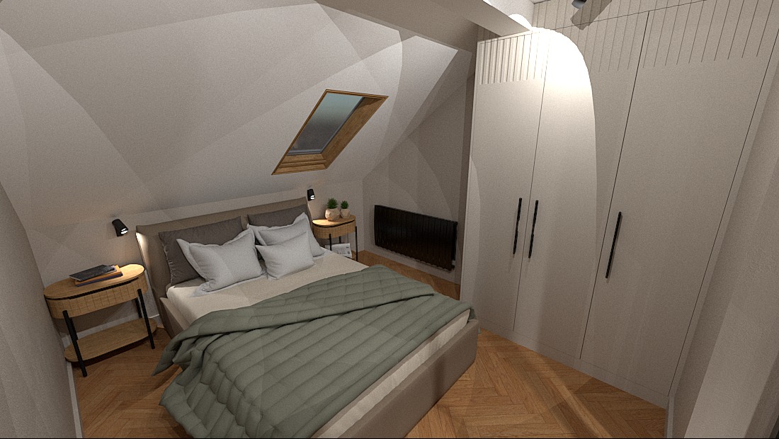 Wizualizacja sypialni na poddaszu z łóżkiem, szafą w zabudowie, oknem dachowym i parkietem w jodełkę.