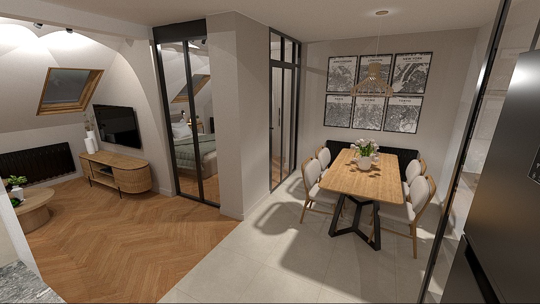 Wizualizacja wnętrza mieszkania na poddaszu z otwartą przestrzenią, obejmująca salon z telewizorem, sypialnię oddzieloną szklanymi drzwiami oraz jadalnię z drewnianym stołem i krzesłami, dekorowaną...