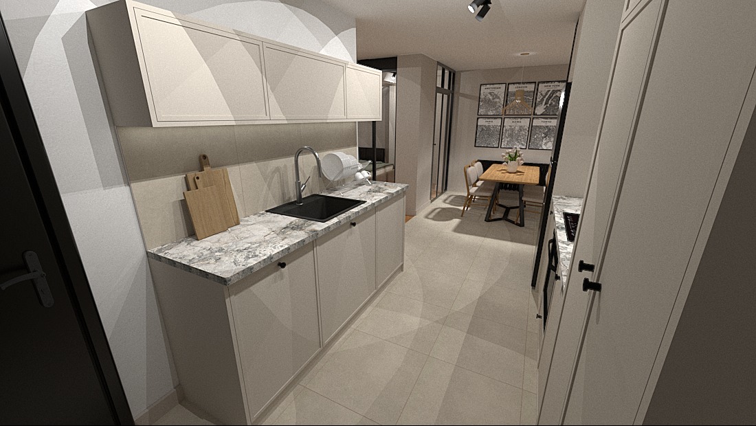 Wizualizacja kuchni z jasnymi szafkami, marmurowym blatem, czarnym zlewem i baterią, widok na jadalnię z drewnianym stołem i krzesłami, plakaty z mapami miast na ścianie.