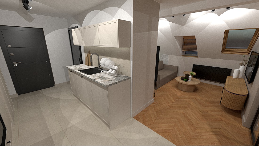 Wizualizacja wnętrza mieszkania z aneksem kuchennym, widok na salon z parkietem w jodełkę, grzejnik żeberkowy pod oknem dachowym i beżowa sofa.