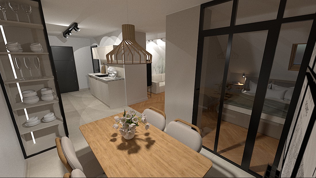 Wnętrze mieszkania w Oświęcimiu z otwartą kuchnią, jadalnią z drewnianym stołem i kwiatami, oraz sypialnią oddzieloną szklaną ścianą z czarnymi ramami.