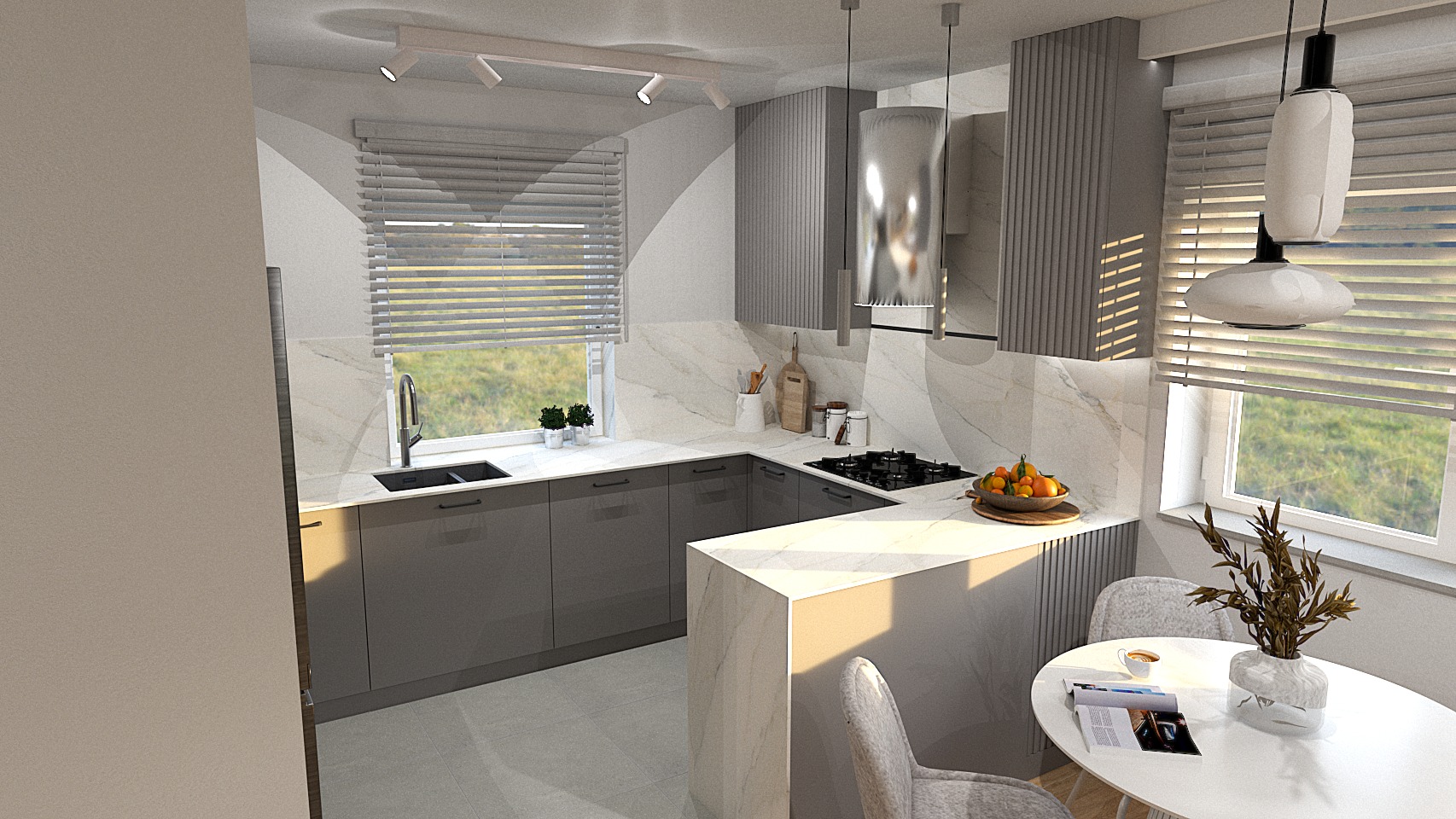 Wizualizacja nowoczesnej kuchni w szarościach z marmurowym blatem i stołem jadalnym, widok na okno z roletami.