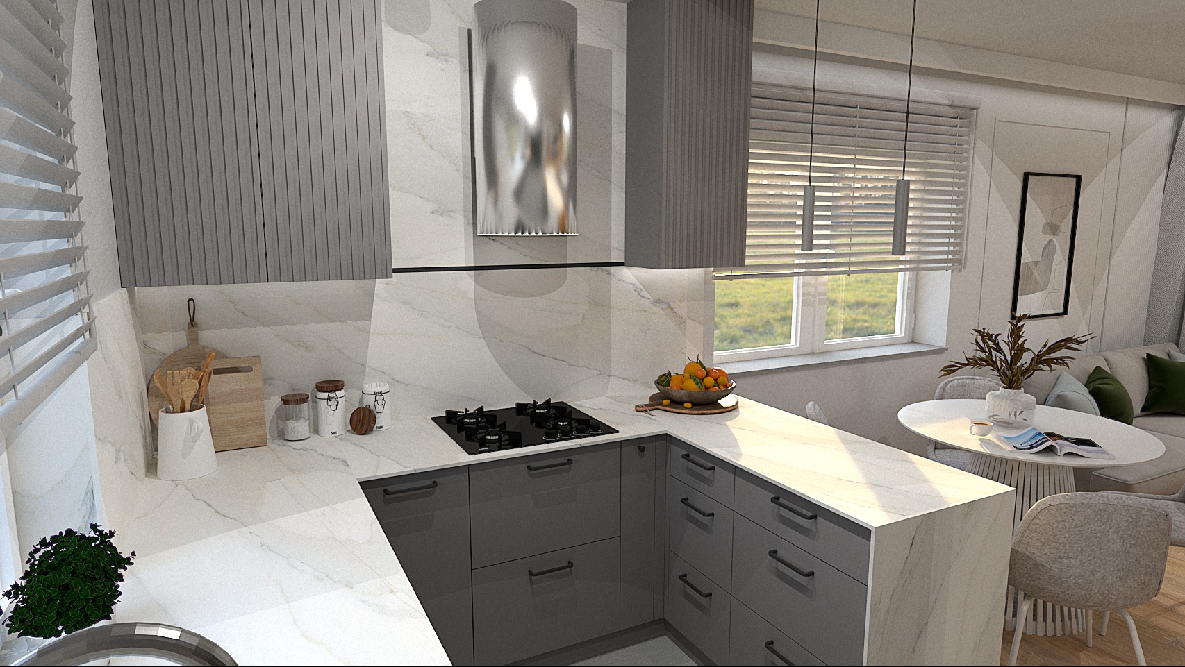 Wizualizacja nowoczesnej kuchni z szarymi szafkami, marmurowym blatem i srebrnym okapem, widok na okno z żaluzjami i jadalnię z okrągłym stołem.