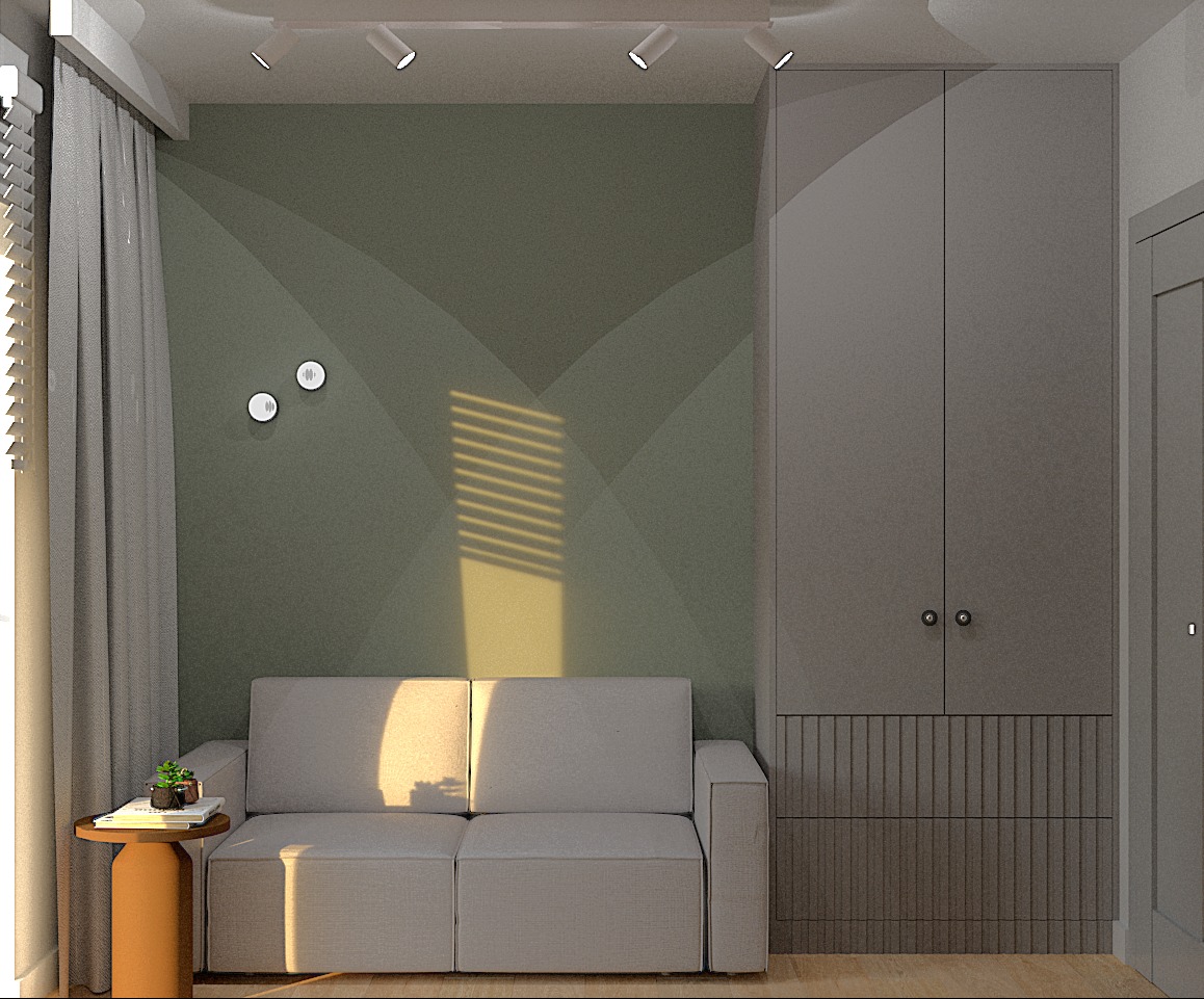 Wizualizacja pokoju dziennego z szarą sofą, okrągłym stolikiem pomocniczym z rośliną, wysoką szafą w zabudowie i ścianą z geometrycznym wzorem w odcieniach zieleni, oświetloną promieniami słońca...