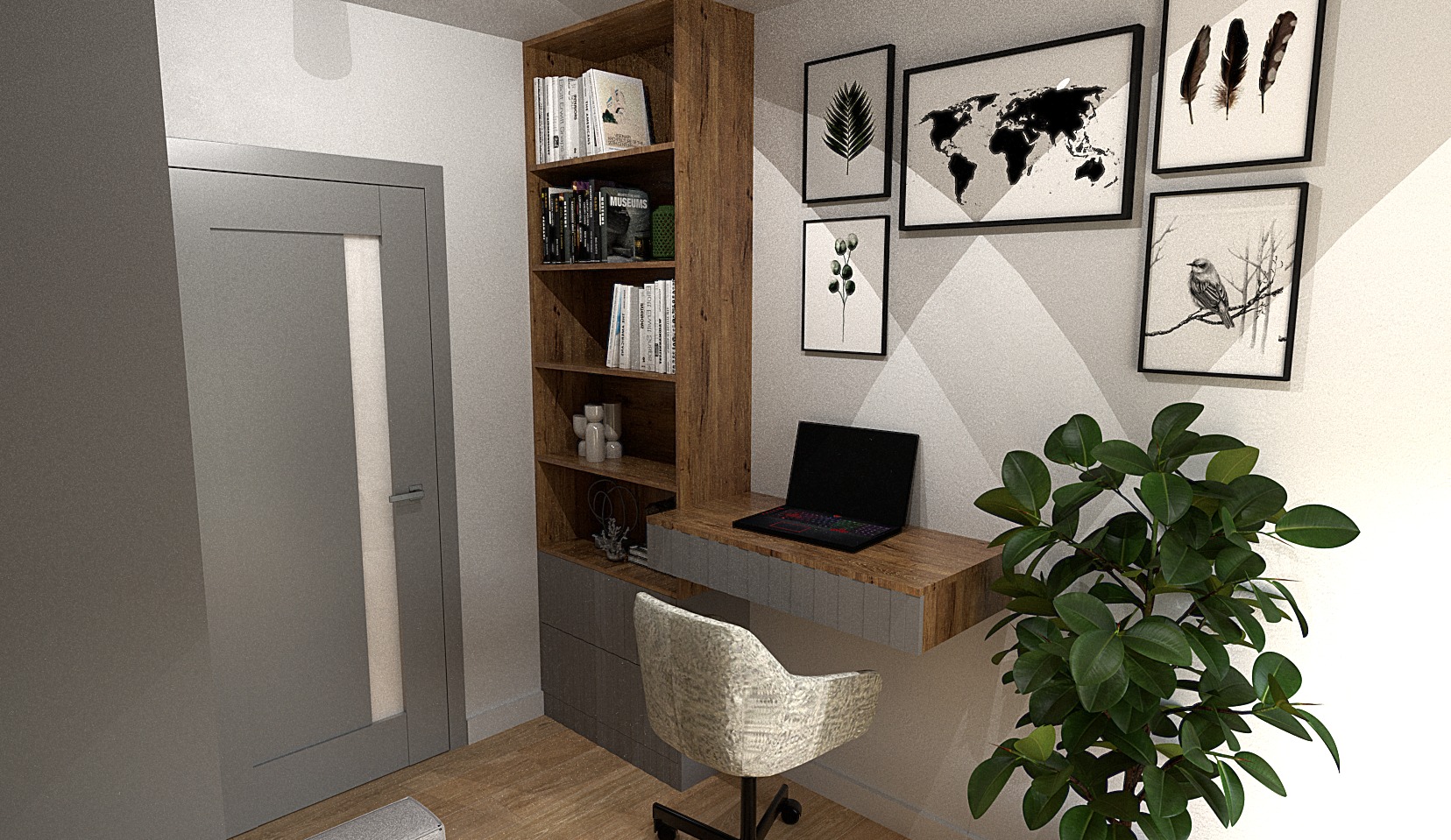 Wizualizacja domowego biura z drewnianym regałem, biurkiem z szufladą, krzesłem obrotowym i laptopem, uzupełniona o grafiki na ścianie i roślinę doniczkową.