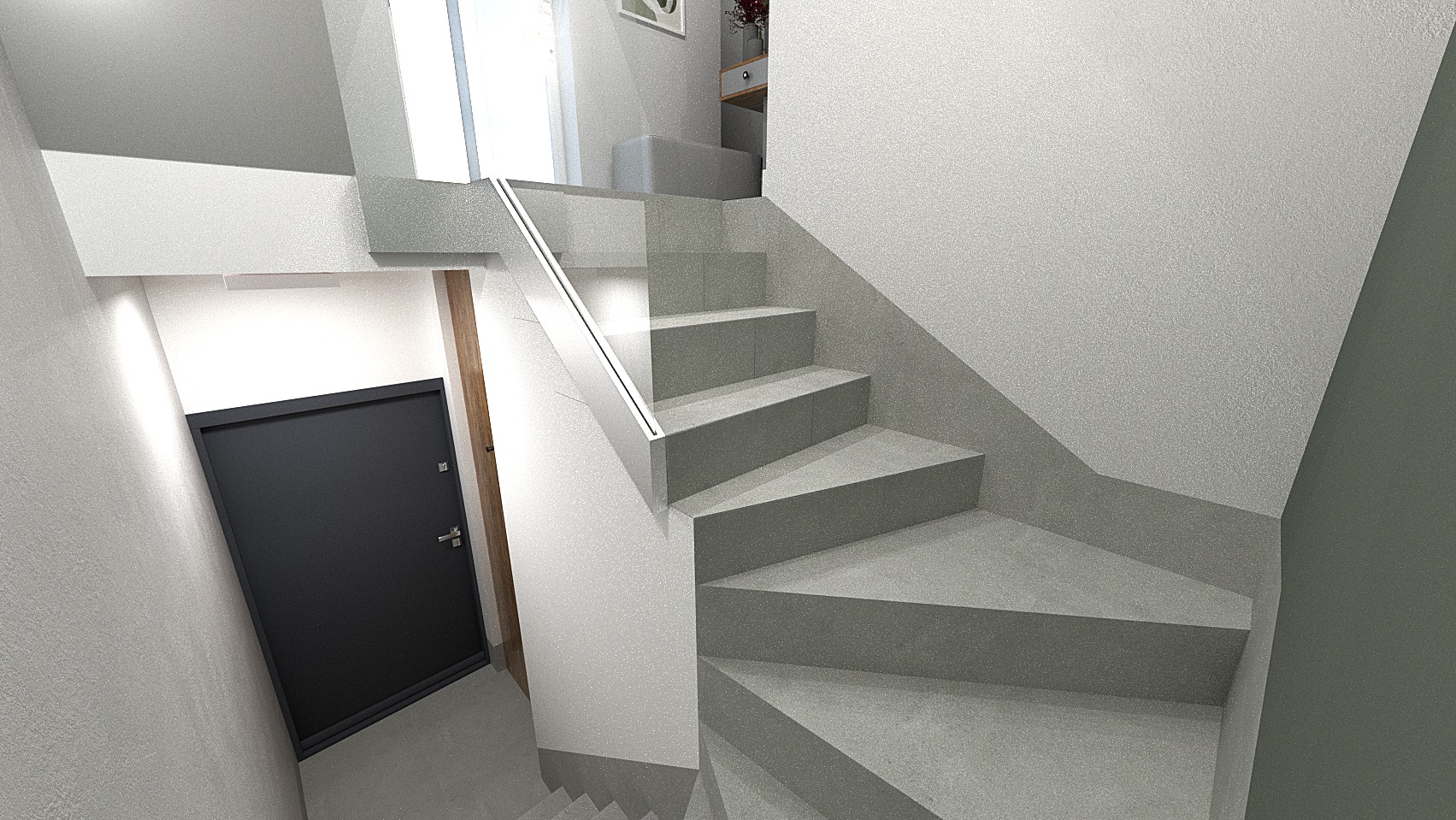 Wizualizacja schodów w nowoczesnym wnętrzu z czarnymi drzwiami po lewej stronie i minimalistycznym oświetleniem LED wzdłuż poręczy.
