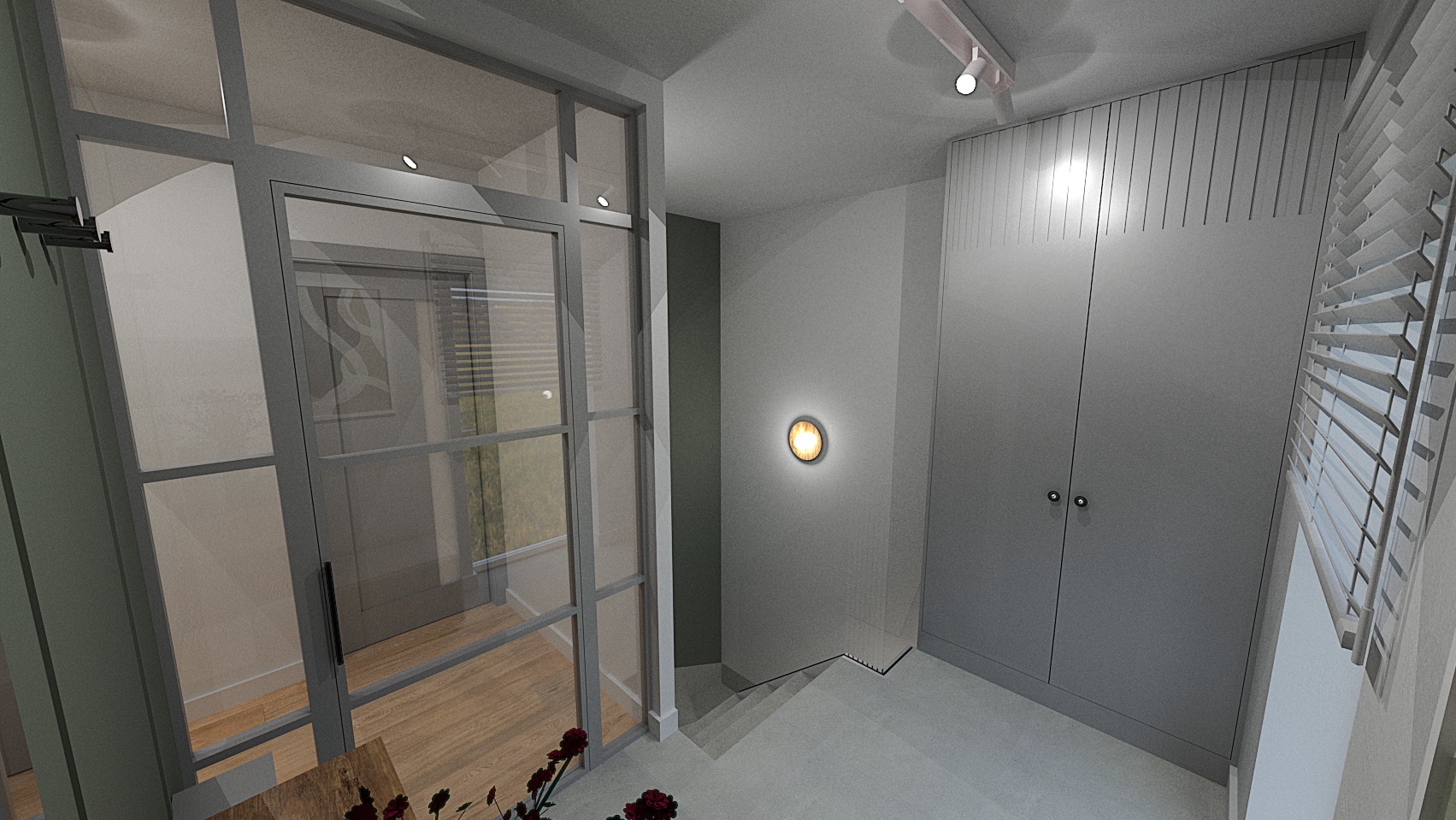 Wizualizacja wnętrza: przeszklone drzwi w metalowej ramie prowadzą do pomieszczenia z drewnianą podłogą, obok szafa w zabudowie z żaluzjami okiennymi, minimalistyczne oświetlenie punktowe.
