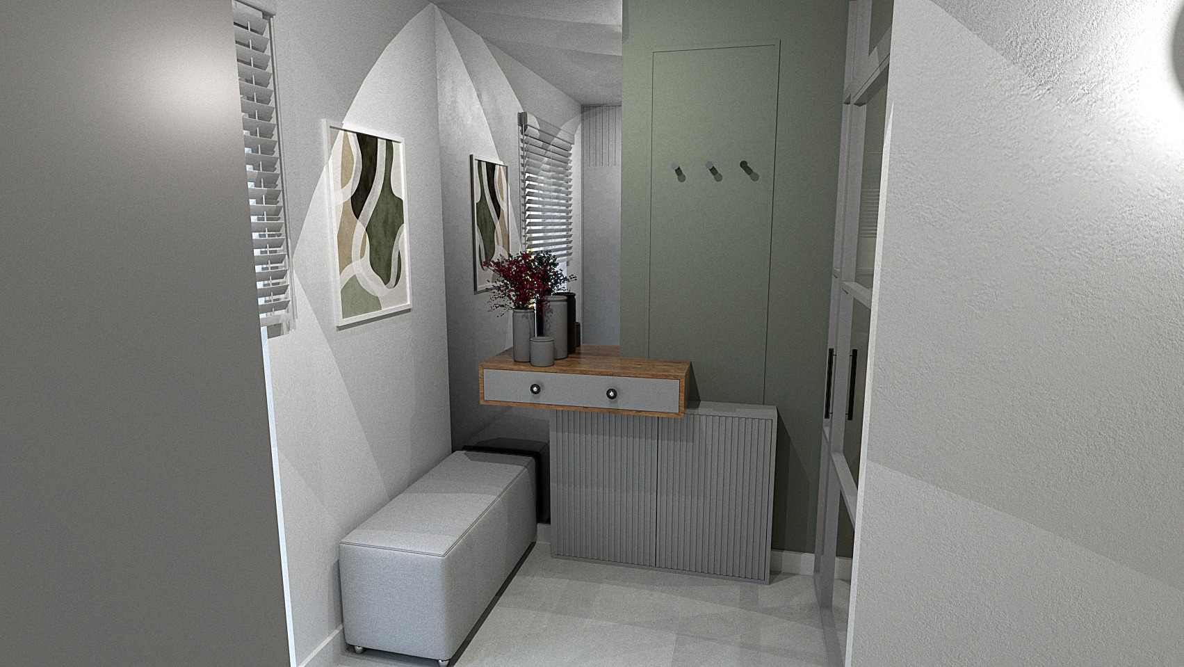 Wizualizacja przedpokoju z szarą ławką, szafką z szufladą i dekoracjami: obrazek w ramie, roślina w wazonie, oraz panel ścienny z haczykami.
