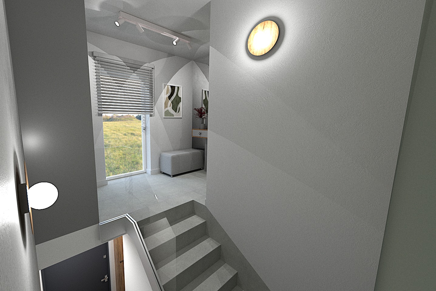 Wizualizacja schodów prowadzących do przedpokoju z oknem, roletami, ławką i dekoracjami ściennymi, oświetlonych okrągłą lampą na ścianie.