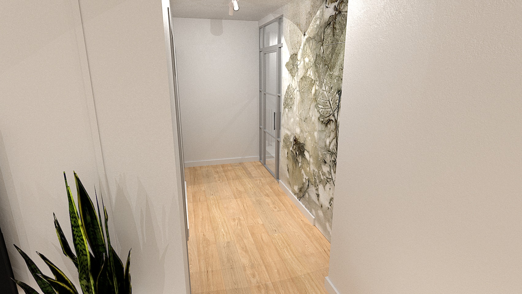 Wizualizacja wąskiego korytarza z drewnianą podłogą, szklanymi drzwiami i ścianą z motywem liści, oświetlonego punktowo.