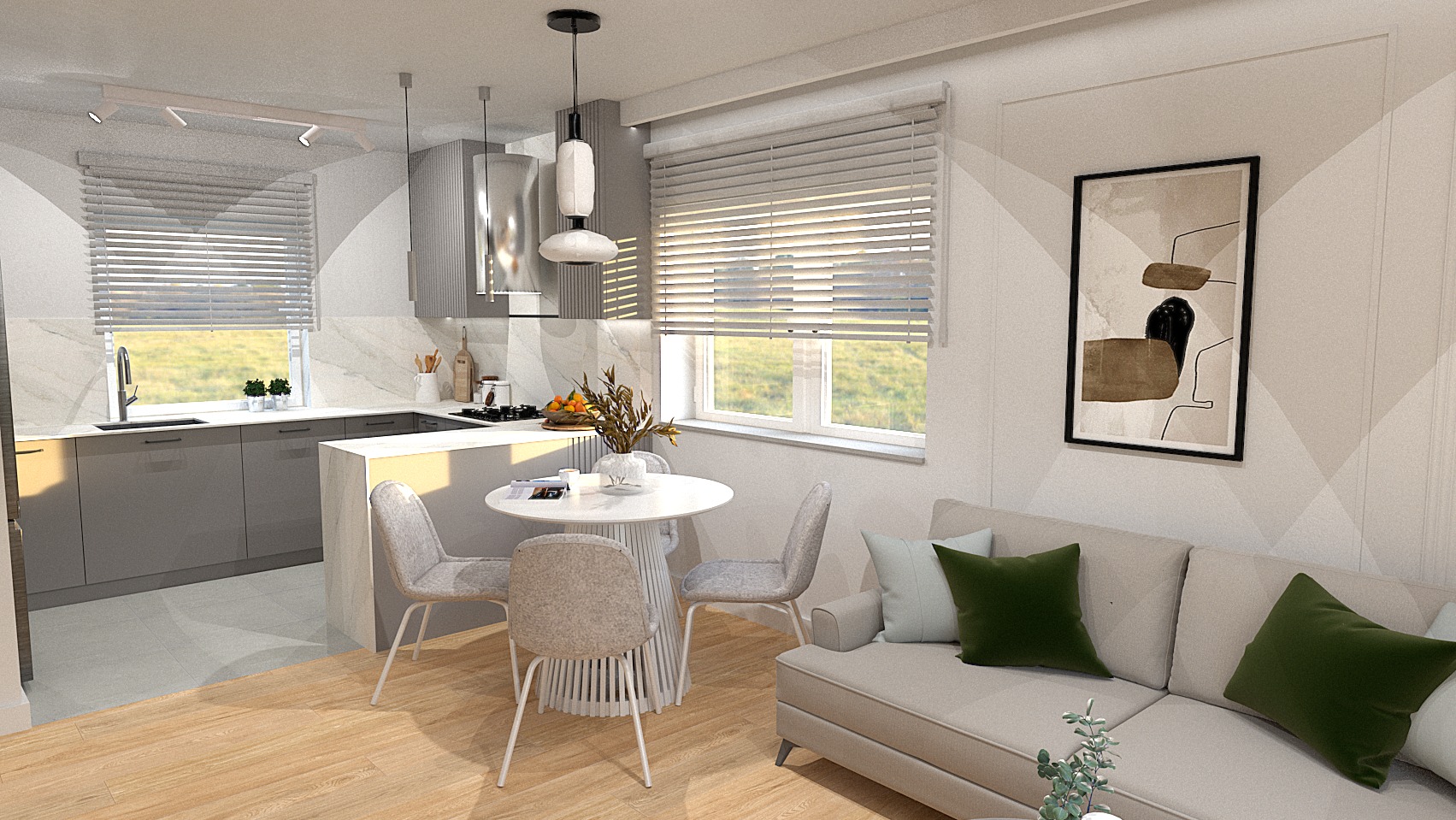 Wizualizacja nowoczesnego wnętrza z otwartą kuchnią, okrągłym stołem jadalnianym z czterema krzesłami, szarą zabudową kuchenną, sofą z zielonymi poduszkami oraz abstrakcyjnym obrazem na ścianie.
