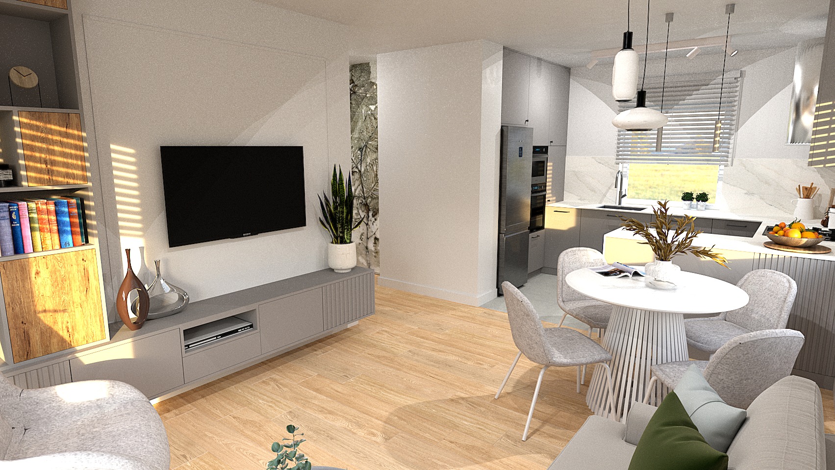 Wizualizacja salonu z aneksem kuchennym w szarościach i drewnie: regał z książkami, telewizor na ścianie, stół z krzesłami i widok na kuchnię z oknem.