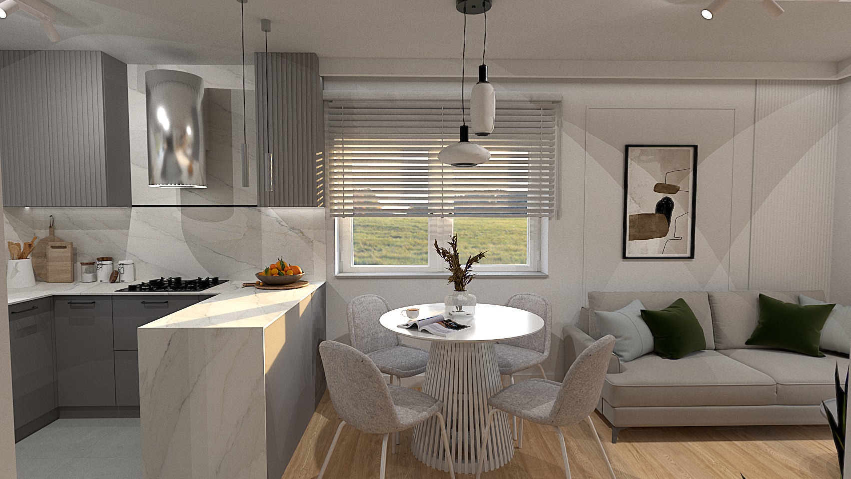 Wizualizacja wnętrza: szara kuchnia z marmurowym blatem, okrągły biały stół z czterema szarymi krzesłami, szara sofa z zielonymi poduszkami, abstrakcyjny obraz na ścianie.