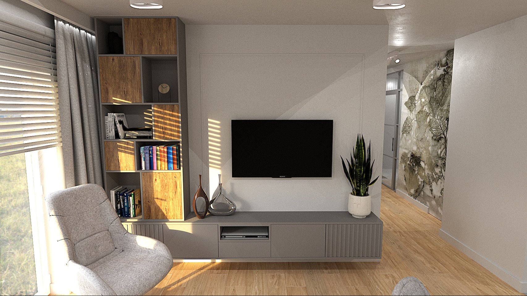 Wizualizacja salonu z szarą tapicerką, drewnianą podłogą, regałem z książkami i dekoracjami, telewizorem na ścianie oraz rośliną doniczkową.