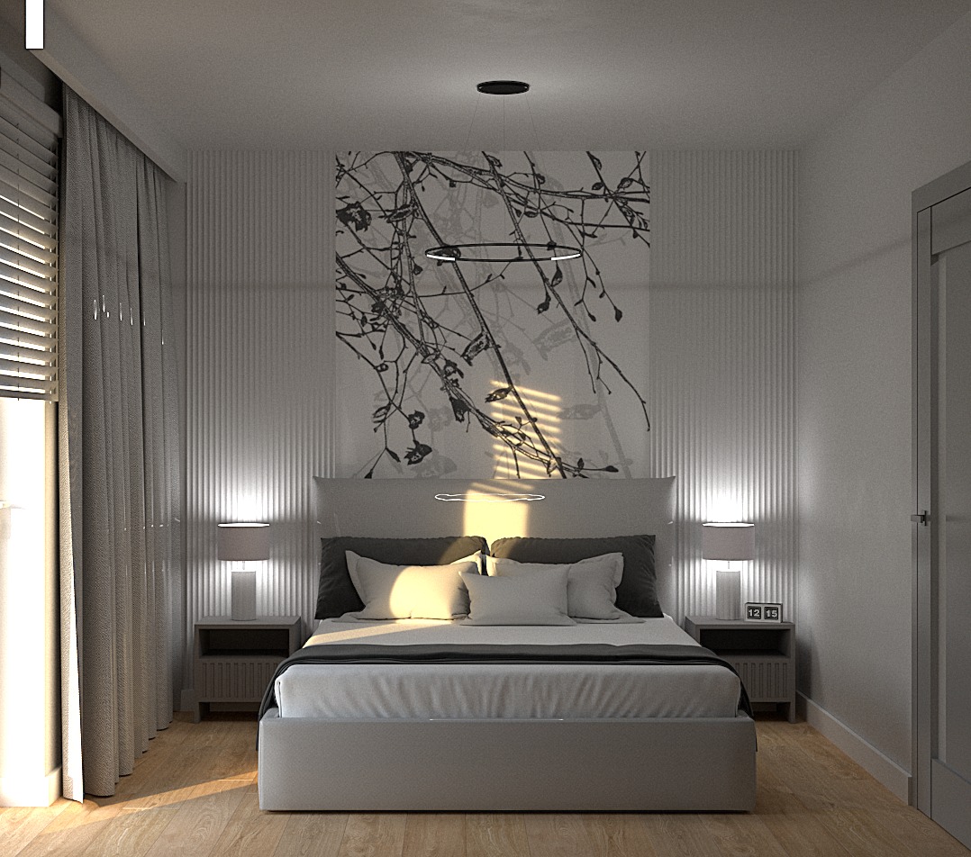 Nowoczesna sypialnia z łóżkiem kontynentalnym, szarymi szafkami nocnymi i lampkami, dekoracyjnym panelem ściennym i abstrakcyjną grafiką nad wezgłowiem.