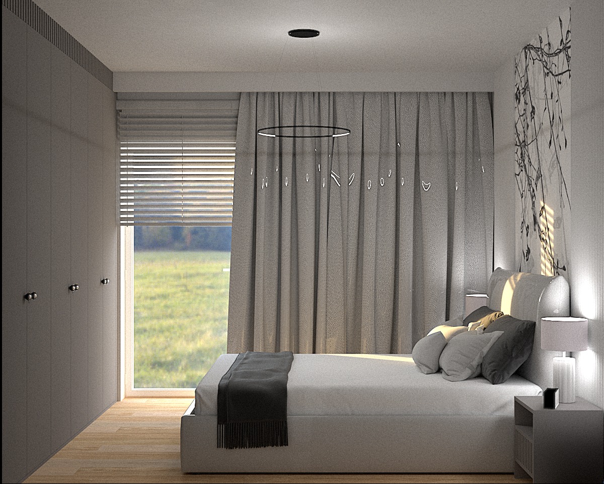Nowoczesna sypialnia z minimalistycznym wystrojem: szare zasłony, łóżko z szarą narzutą, abstrakcyjny obraz na ścianie i okrągła lampa wisząca.