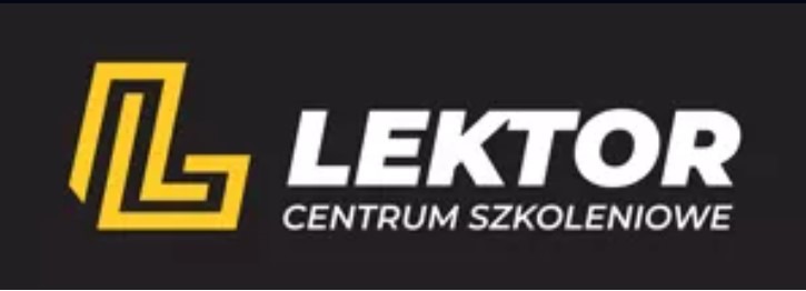 Logo Lektor Centrum Szkoleniowe z żółtym symbolem litery L na czarnym tle.