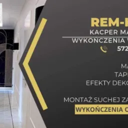 Grafika reklamowa firmy REM-KAPI, Kacper Maziarek, oferującej wykończenia wnętrz, glazurę, malowanie, tapetowanie, efekty dekoracyjne, panele i montaż suchej zabudowy, z ilustracją eleganckiego...