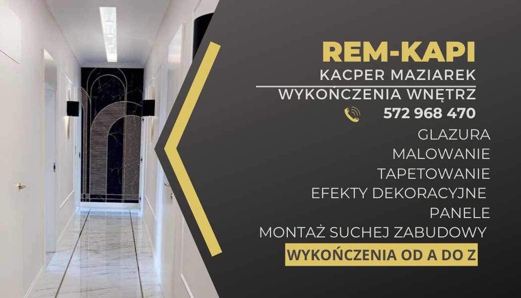 Grafika reklamowa firmy REM-KAPI, Kacper Maziarek, oferującej wykończenia wnętrz, glazurę, malowanie, tapetowanie, efekty dekoracyjne, panele i montaż suchej zabudowy, z ilustracją eleganckiego...