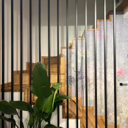 Bano Piotr Noster - Nowoczesne schody drewniane z czarnymi, pionowymi prętami balustrady, częściowo przesłonięte rośliną doniczkową, z tapetą w kwiaty w tle.