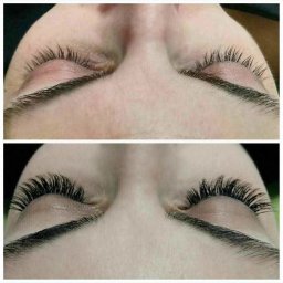 Salon Kosmetyczny u Agi - Zbliżenie na oczy przed i po zabiegu przedłużania rzęs, widoczna różnica w gęstości i długości rzęs, ujęcie z góry.