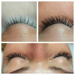 Salon Kosmetyczny u Agi - Zbliżenie na oko przed i po zabiegu przedłużania rzęs, ukazujące różnicę w gęstości i długości rzęs.