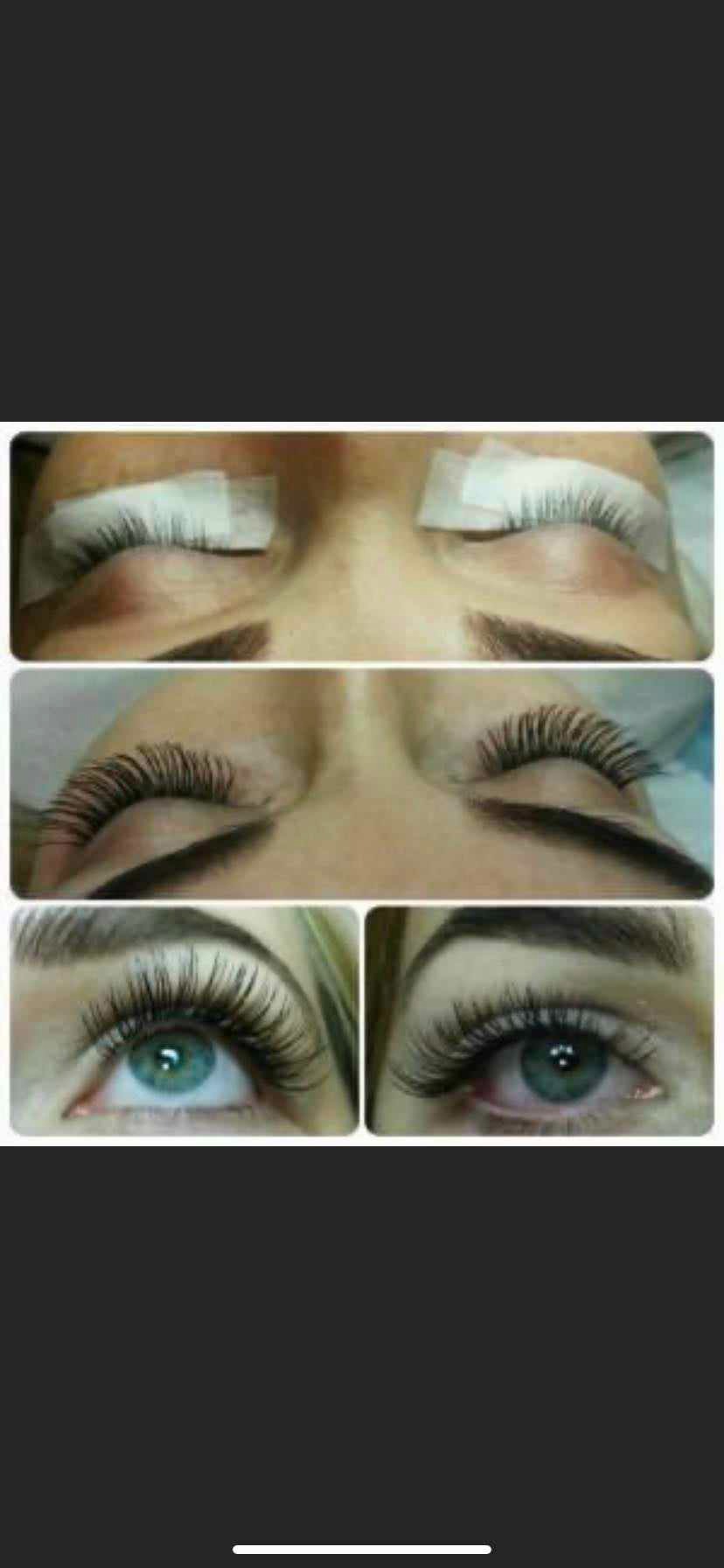 Kolaż przedstawiający etapy przedłużania rzęs: rzęsy zabezpieczone taśmą, rzęsy po aplikacji, zbliżenie na przedłużone rzęsy z wyraźnym, błękitnym okiem.