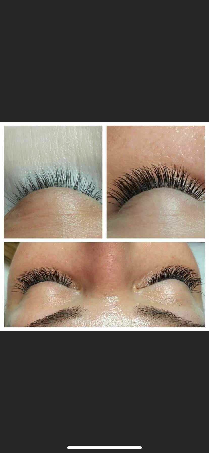 Zbliżenie na oko przed i po zabiegu przedłużania rzęs, ukazujące różnicę w gęstości i długości rzęs.