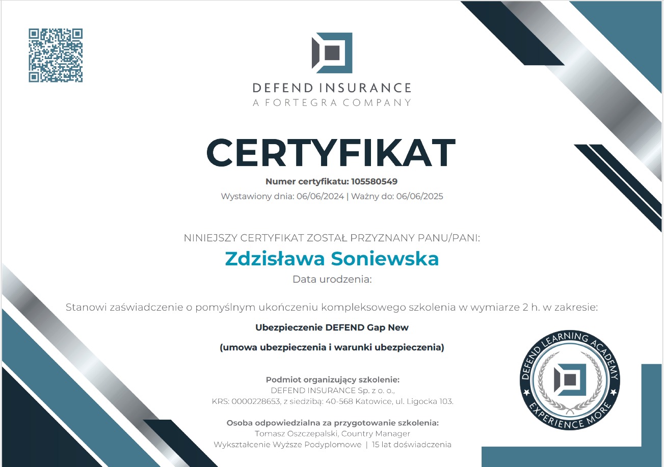 Certyfikat ukończenia szkolenia z zakresu ubezpieczenia DEFEND Gap New, wystawiony dla Zdzisławy Soniewskiej, z numerem certyfikatu 105580549, wydany przez DEFEND INSURANCE Sp. z o. o.