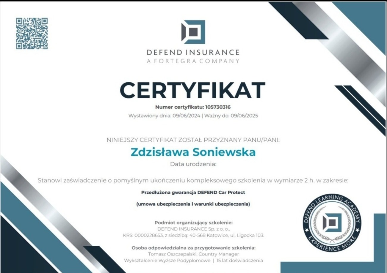 Certyfikat Defend Insurance dla Zdzisławy Soniewskiej za ukończenie szkolenia, z logo firmy i datą ważności.