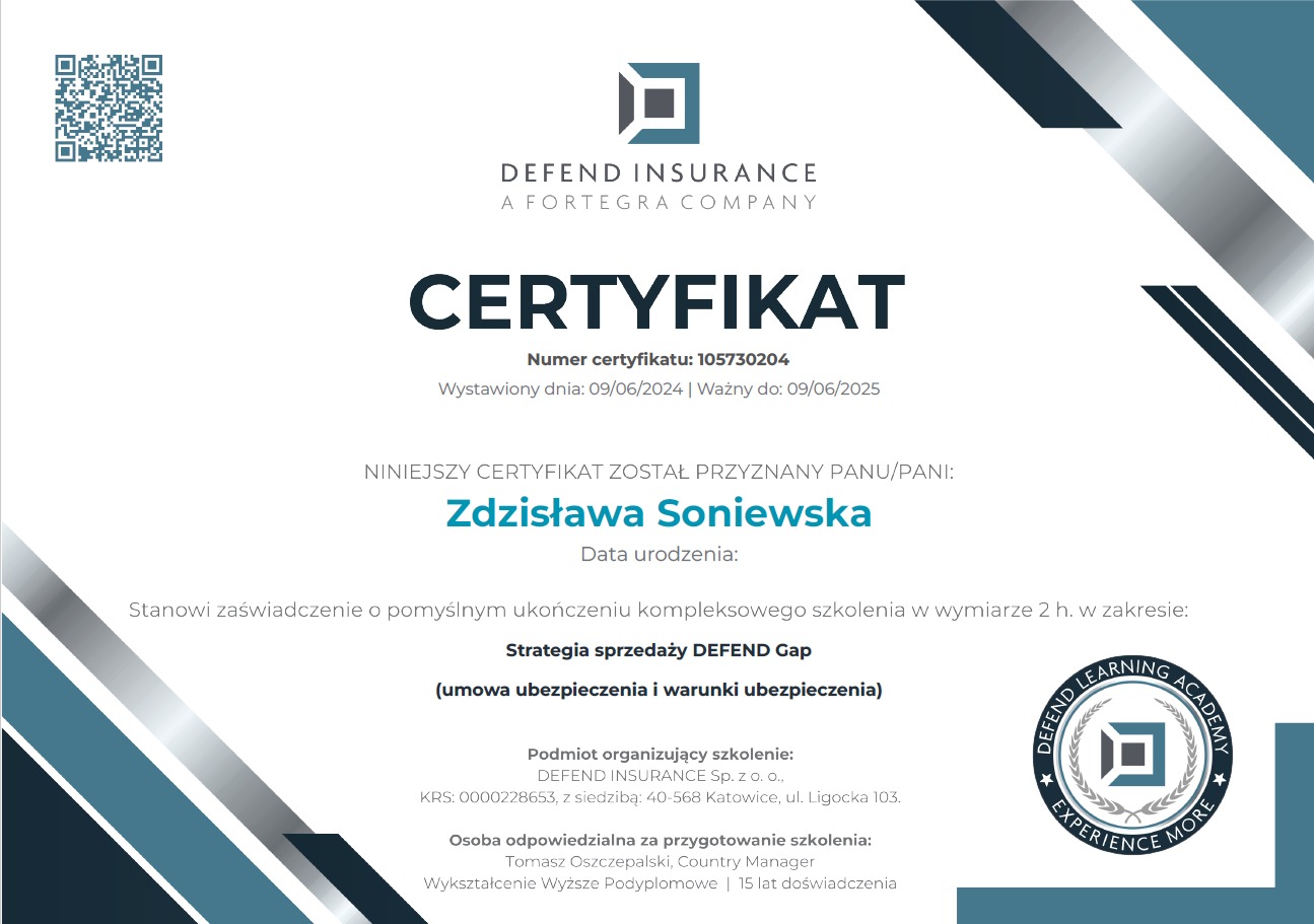 Certyfikat ukończenia szkolenia 'Strategia sprzedaży DEFEND Gap' z datą wystawienia i ważności, wydany przez Defend Insurance dla Zdzisławy Soniewskiej, zawierający logo Defend Learning Academy.