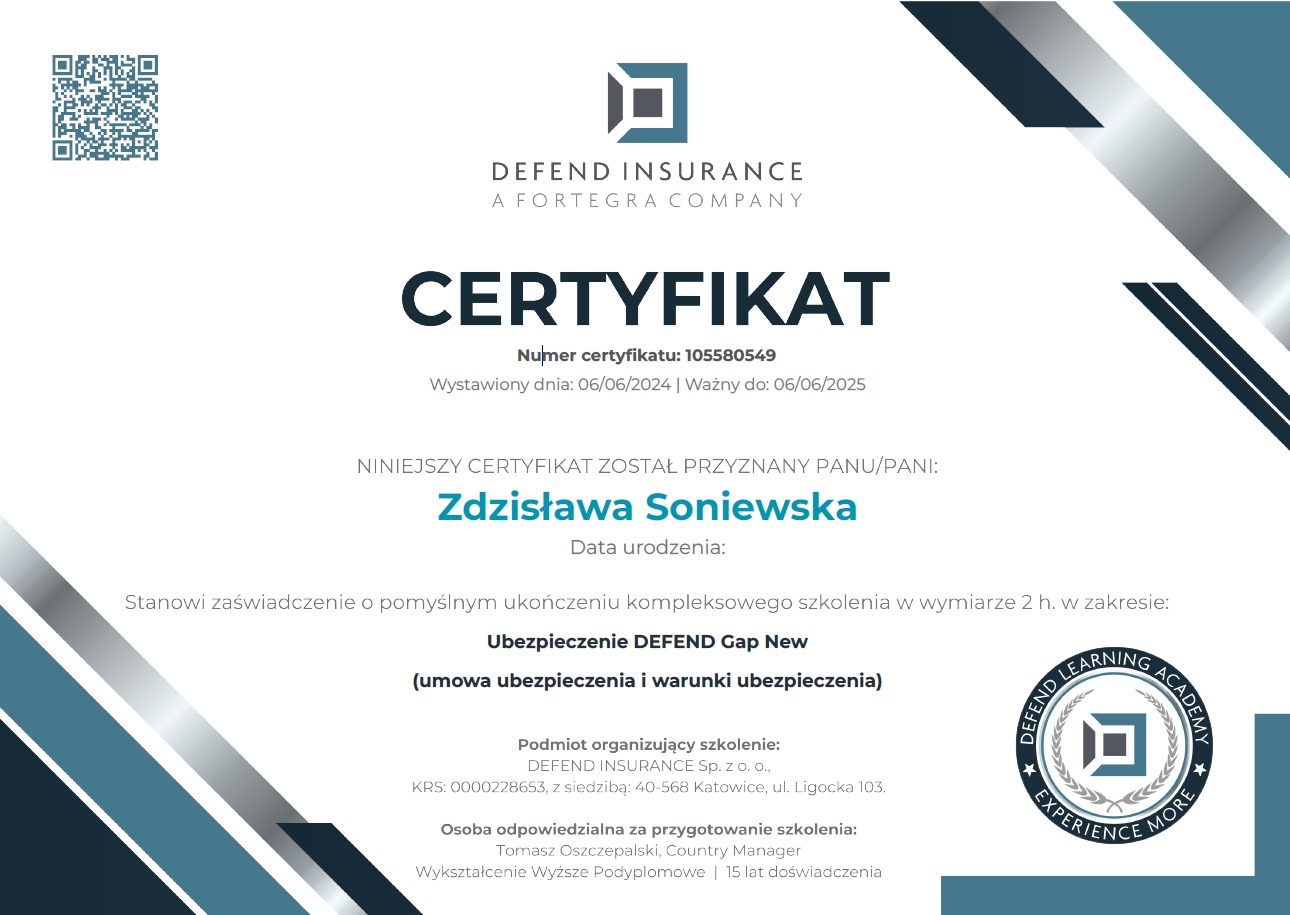 Certyfikat ukończenia szkolenia z zakresu ubezpieczenia DEFEND Gap New, wystawiony przez DEFEND INSURANCE dla Zdzisławy Soniewskiej, z numerem certyfikatu i datą ważności.