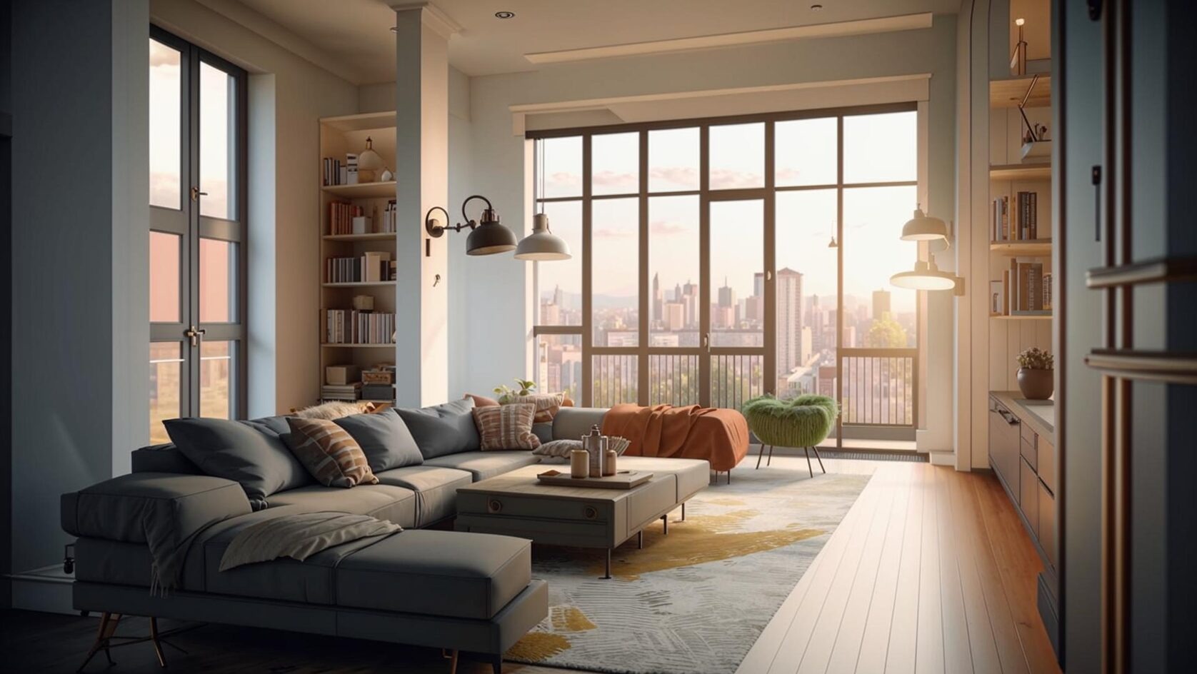 Jasne wnętrze salonu z szarą sofą, stolikiem kawowym i widokiem na miasto za oknem. Elementy dekoracyjne, regał z książkami i lampy dodają przytulności.