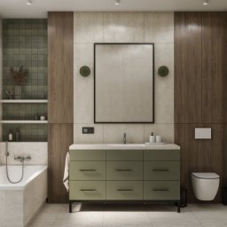 Margareta Gulczyńska GUMA Studio Projektowania Wnętrz - Nowoczesna łazienka z beżowymi płytkami, zieloną szafką pod umywalką i drewnianymi panelami. Minimalistyczny styl, okrągłe lampy przy lustrze, wanna z parawanem.