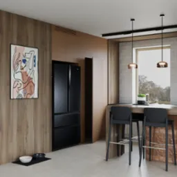 Nowoczesna kuchnia z drewnianymi frontami, czarną lodówką i wyspą z hokerami. Nad wyspą wiszą dwie lampy. Na ścianie abstrakcyjny obraz.